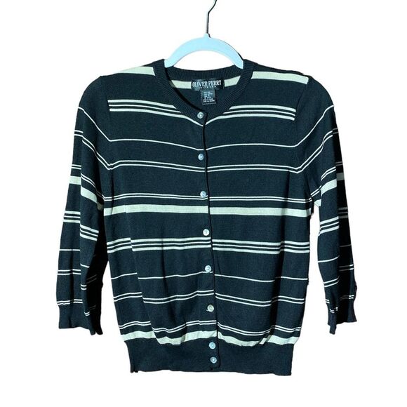 Oliver Perry Knitwear Silk/Cotton Blend Striped Lightweight Cardigan Women's M - Picture 1 of 13